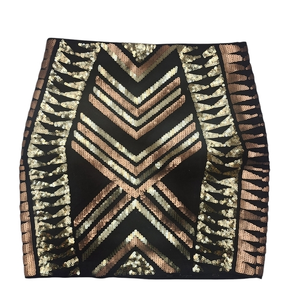 Express Sequin Mini Skirt with Black, Gold and Bronze Pattern Size XS - Picture 1 of 8